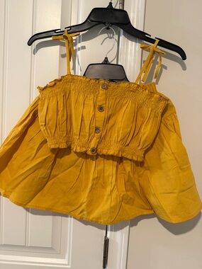 Mustard Yellow Button-Front Smocked Crop Top and skirt